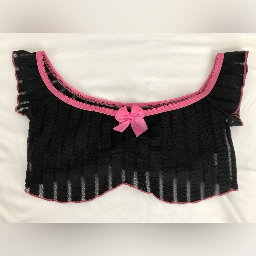 NWOT Risqué sexy see thru lace like black top with pink bow/accents.